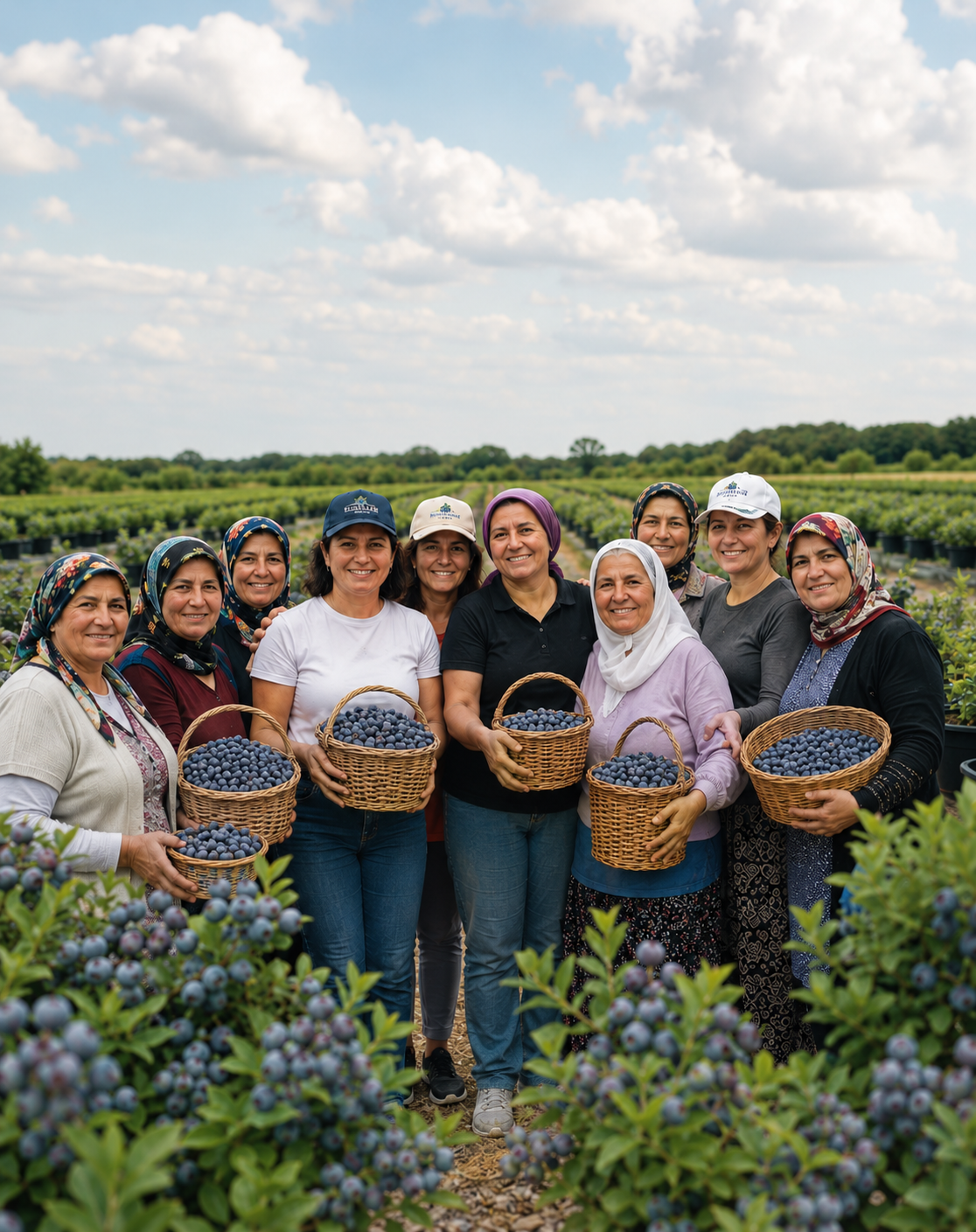 Blueberry Ladies ekibi, ellerinde yaban mersini sepetleriyle tarlada birlikte poz verirken